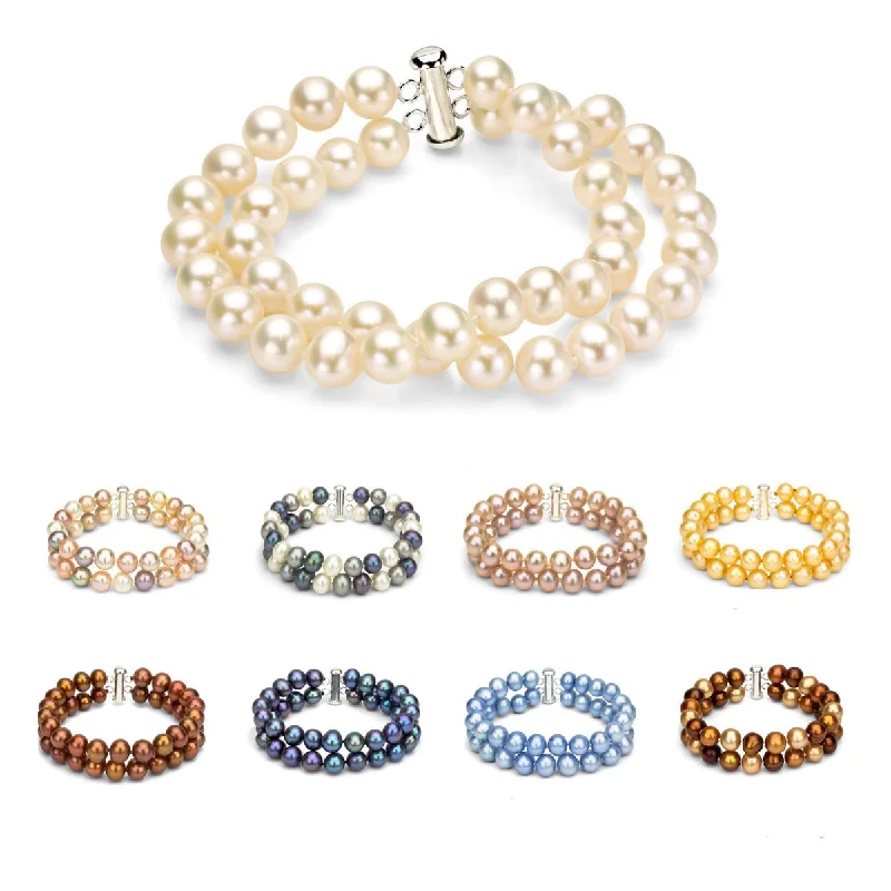 Women’s classic gold bangles-DaVonna Sterling Silver 2-row White Freshwater Cultured Pearl Bracelet with Tube Clasp (8 - 9mm)