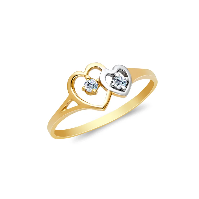 Women’s vintage diamond rings-14K Solid Gold Double Heart CZ Ring