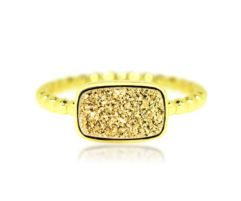 Women’s aquamarine rings-Horizontal Rectangle 18K Gold Druzy Ring