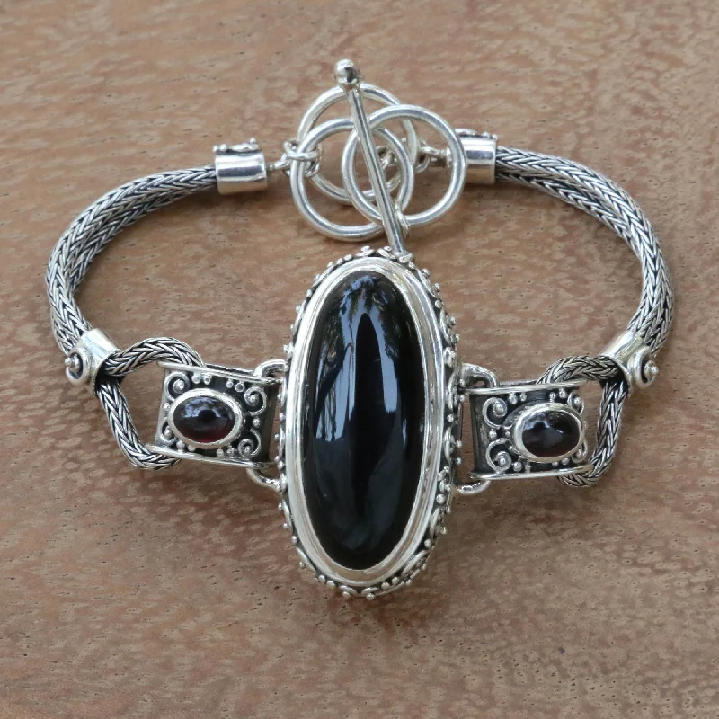 Women’s sterling silver bracelets-Royal Presence Balinese Style Pendant Bracelet with Onyx and Garnet