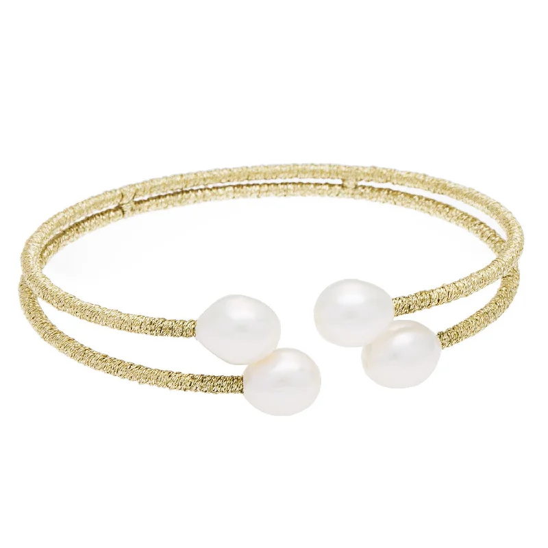 Women’s sleek bangles-DaVonna Gold Thread and White Freshwater Pearl 2-row Bangle Bracelet