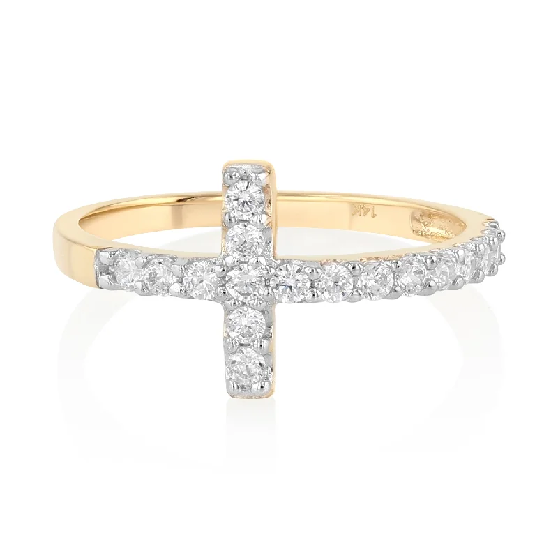 Women’s engagement rings with diamonds and sapphires-14K Solid Gold Sideways CZ Cross Ring