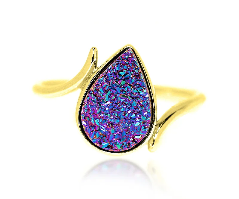 Women’s wedding rings with diamonds-Bypass Teardrop Purple Rainbow Druzy Gold Ring