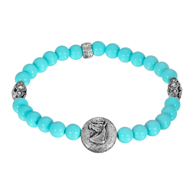 Women’s shiny silver bracelets-1928 Jewelry® Pewter Turquoise Color Beaded Horse Stretch Bracelet