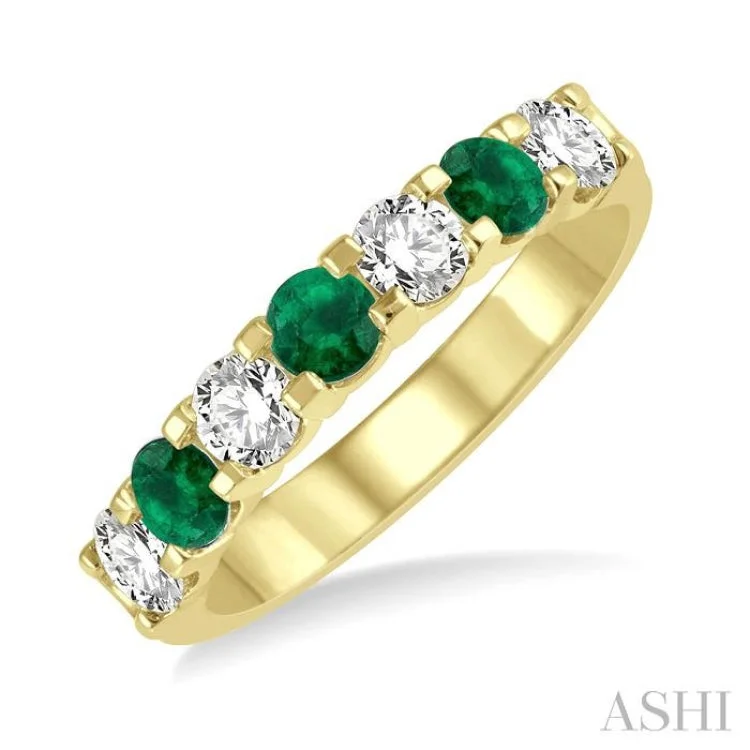 Women’s trendy engagement rings-1/2 ctw Round Cut Diamond and 3.3MM Emerald Precious Wedding Band in 14K Yellow Gold