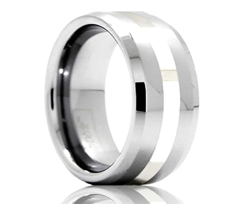 Women’s anniversary rings-Men's Beveled Edge Tungsten Ring With Platinum Inlay