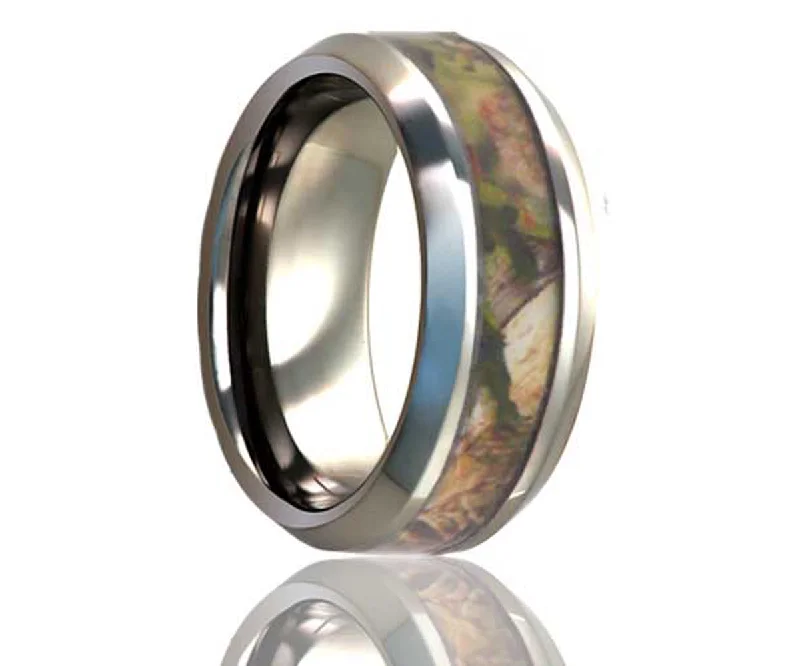 Women’s vintage rings-Beveled Edge Woodland Pine Camo Titanium Ring