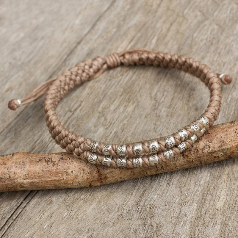 Women’s handmade bracelets-Khaki Infinity Twins Hill Tribe Silver on a Thai Hand Knotted Wristband Bracelet