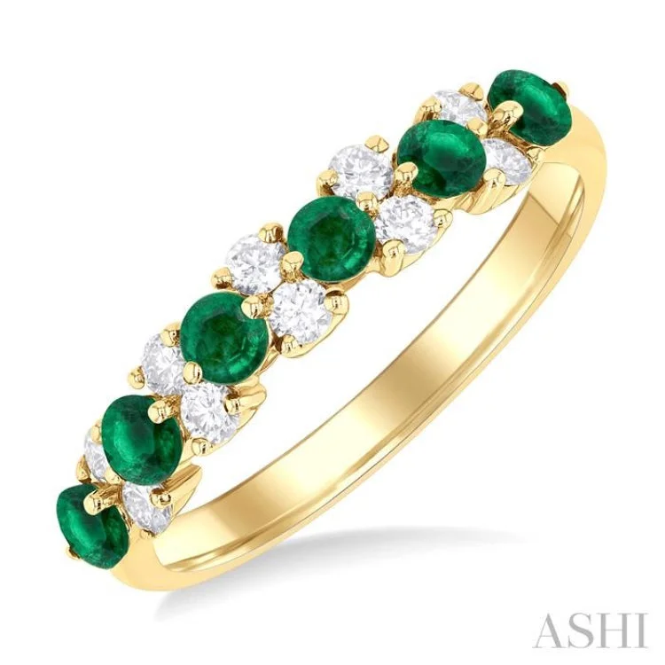 Women’s engagement rings with rose gold accents-1/3 ctw Round Cut 2.7MM Emerald and Diamond Precious Band in 14K Yellow Gold