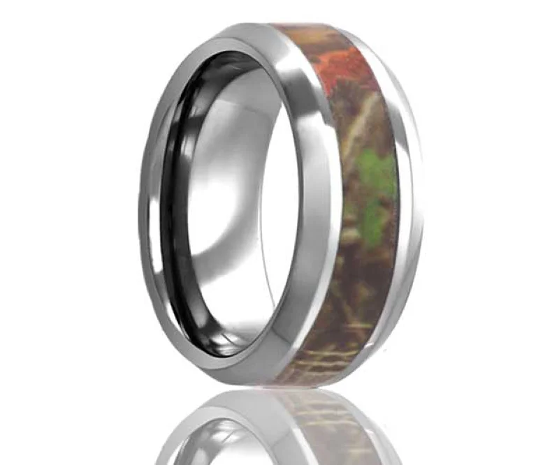 Women’s boho rings-Beveled Edge Timber Leaf Camo Tungsten Ring