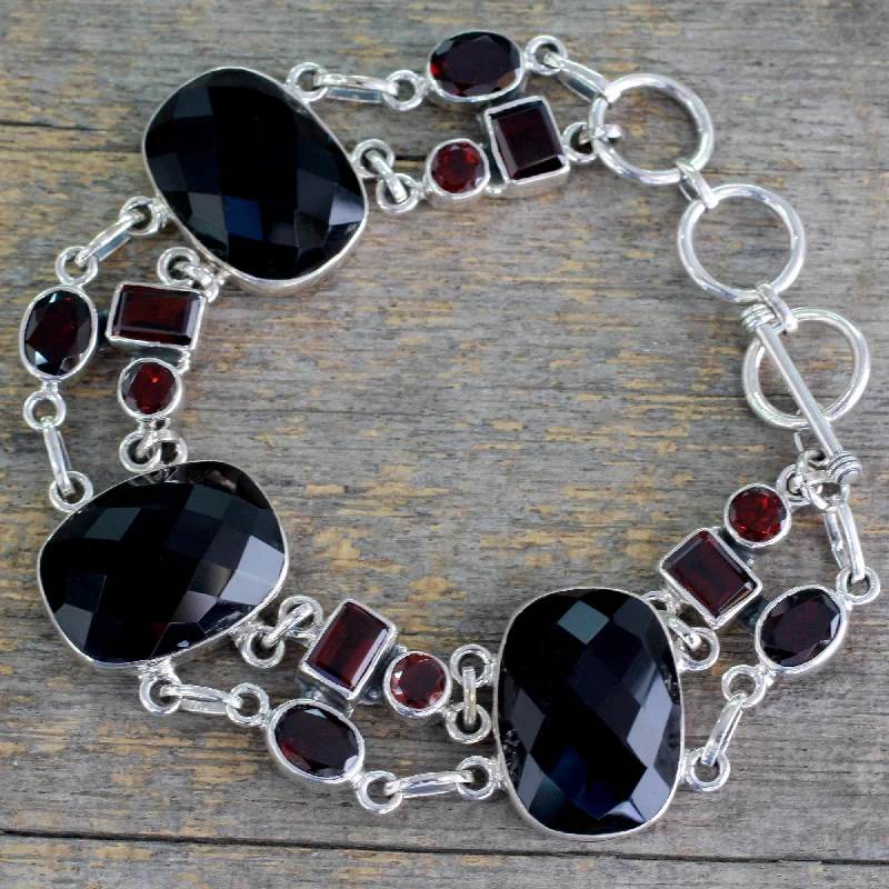 Women’s pearl bracelets-Exotic Drama Onyx Link Bracelet with Garnet and Sterling Silver