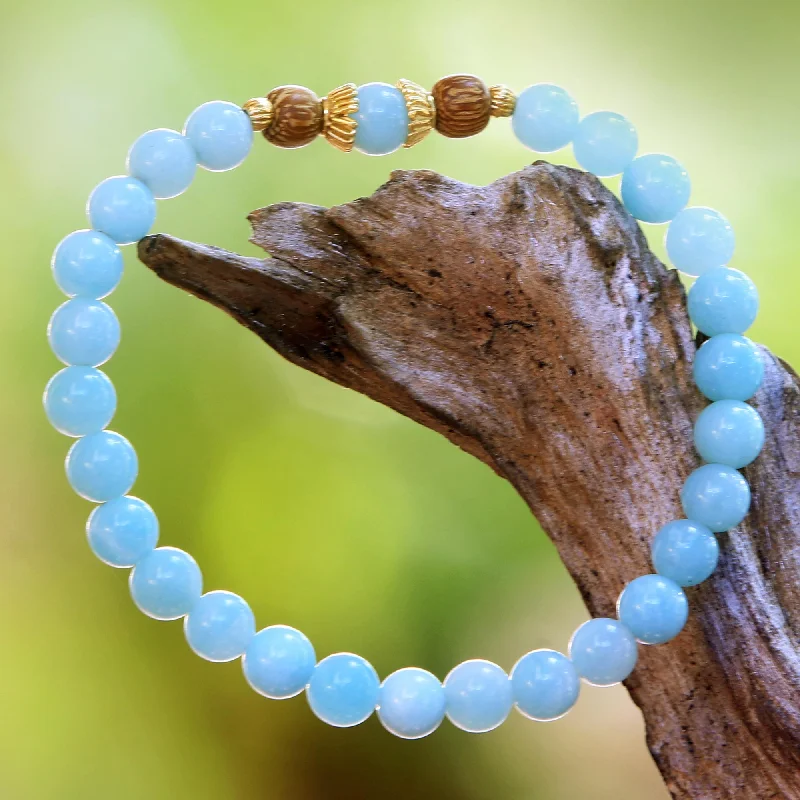 Women’s engraved bracelets-Batuan Tune Gold Accented Amazonite Beaded Stretch Bracelet from Bali