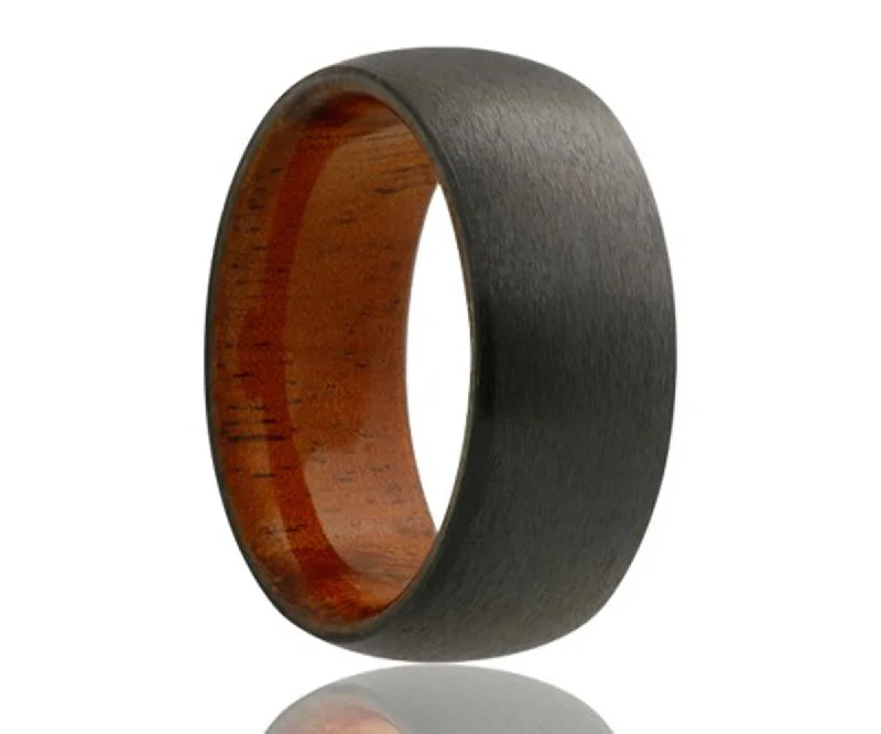 Women’s minimalist engagement rings-Black Zirconium Koa Wood Inlay Ring