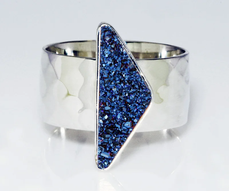 Women’s statement rings-Triangle Blue Druzy Wide Ring