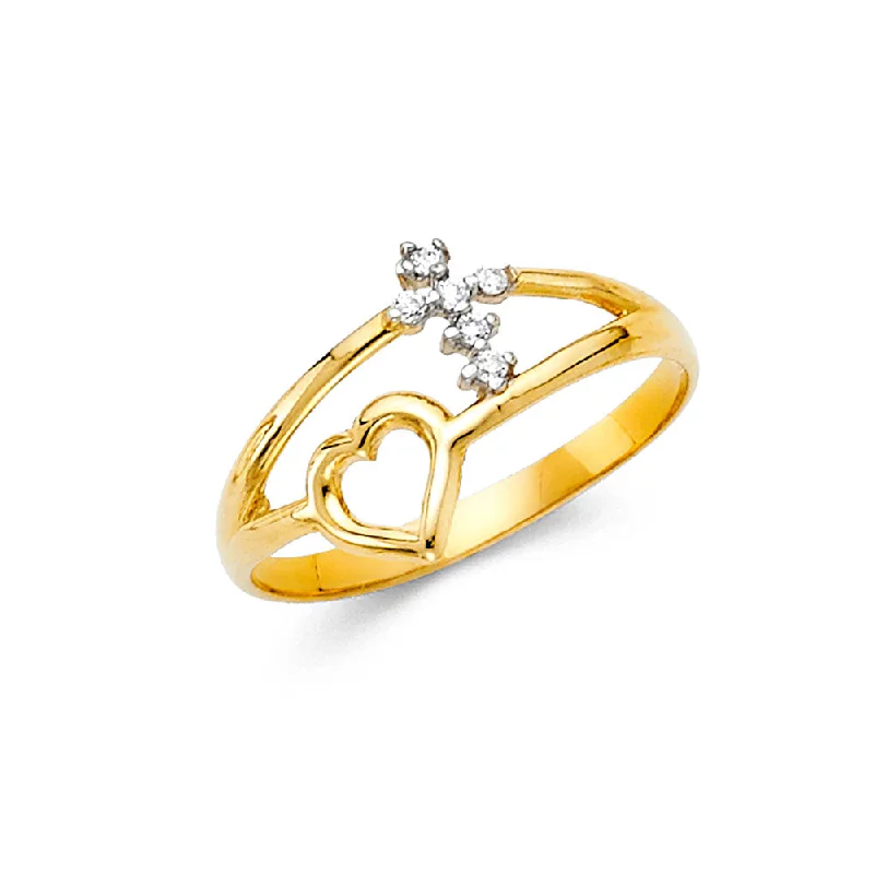 Women’s statement engagement rings-14K Solid Gold CZ Cross with Heart Fancy Ring