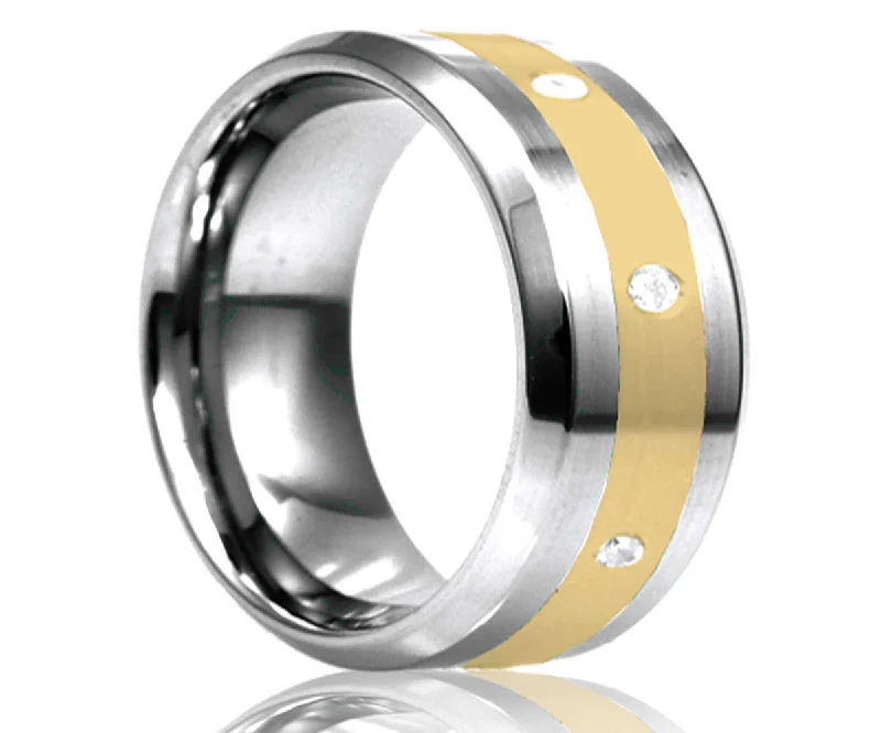 Women’s vintage-inspired rings-Men's Beveled Edge Tungsten Ring With Yellow Gold Inlay And Eight Stones