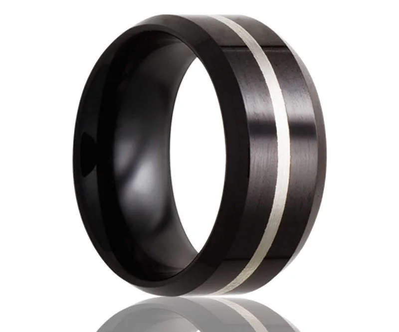 Women’s diamond rings-Black Beveled Edge Silver Inlay Ceramic Ring