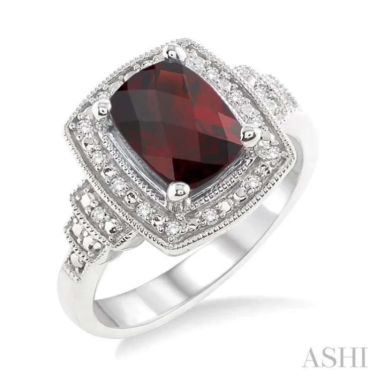 Women’s simple engagement rings-9x7MM Cushion Cut Garnet and 1/10 Ctw Single Cut Diamond Ring in Sterling Silver