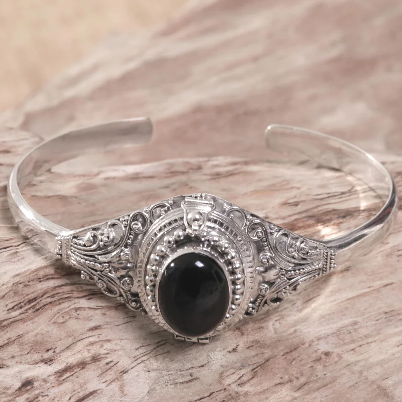 Women’s cuff bangles-Deep Gaze Onyx and Sterling Silver Cuff Locket Bracelet Indonesia