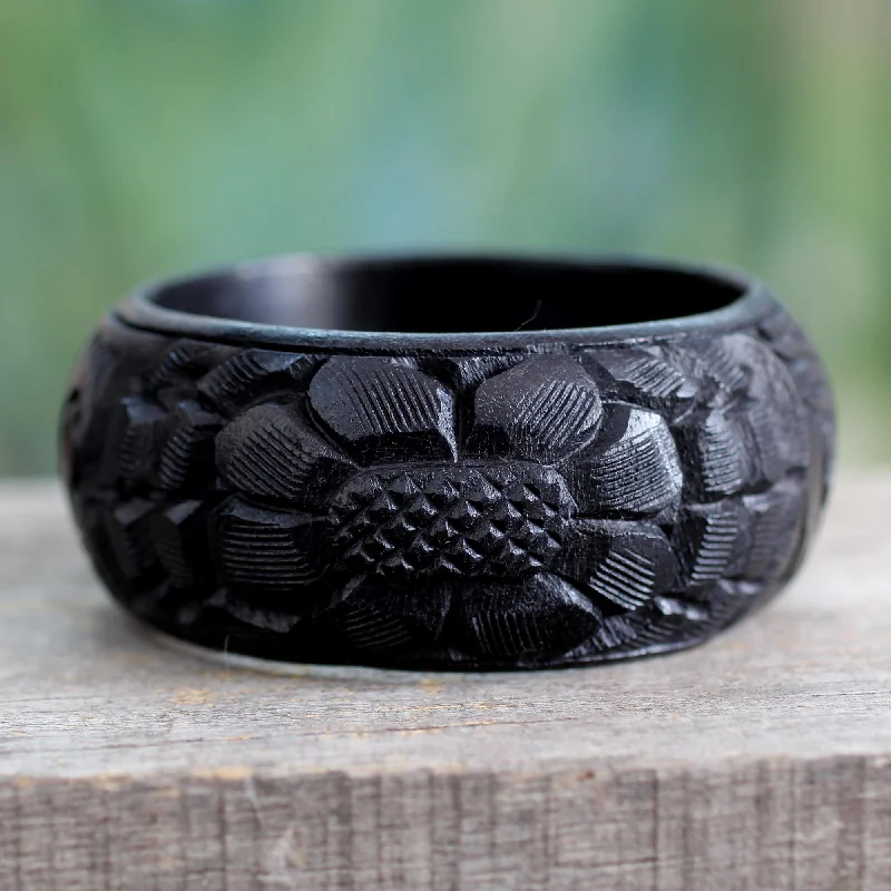 Women’s gold-plated bangles-Black Sunflower Handmade Wood Bangle Bracelet