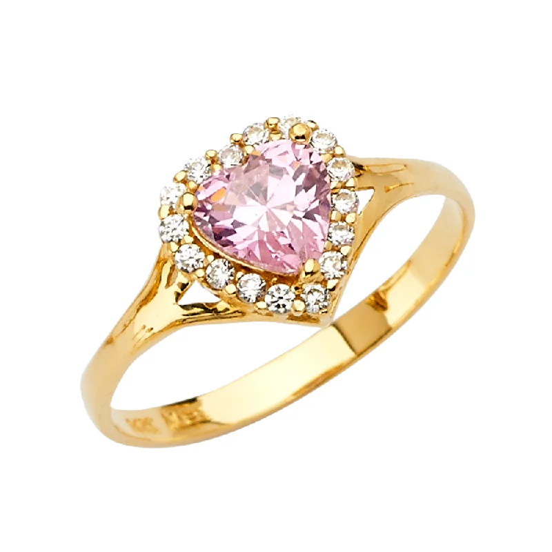 Women’s silver rings-14K Solid Gold Heart Cut Channel Set CZ Pink Birthstone Ring