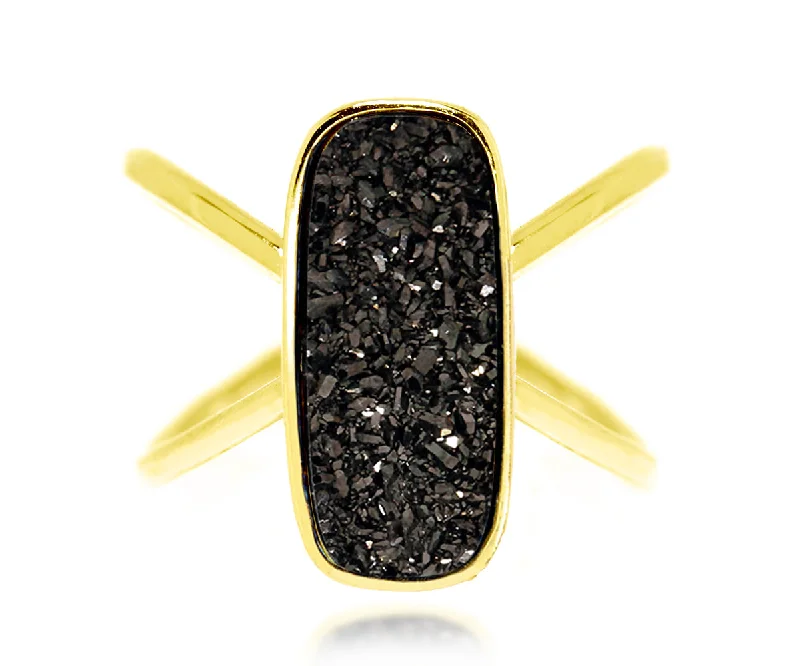 Women’s thick band rings-Criss Cross Rectangle Black Druzy 14k Ring