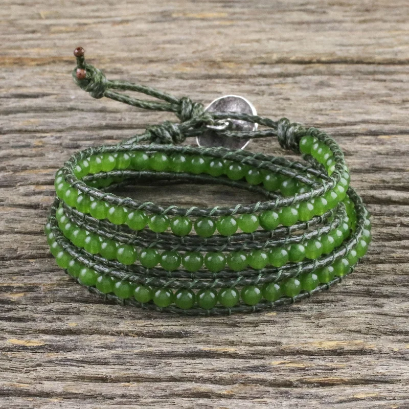 Women’s artistic bangles-Spring Meadow Green Quartz and Leather Beaded Wrap Bracelet from Thailand