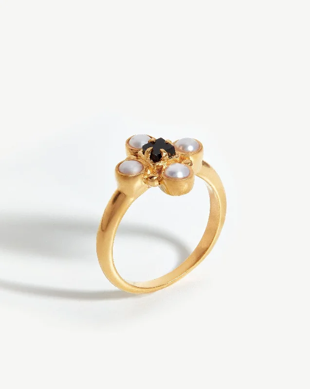 Women’s men’s style rings-Harris Reed Quartet Ring | 18ct Gold Vermeil/Pearl & Black Onyx