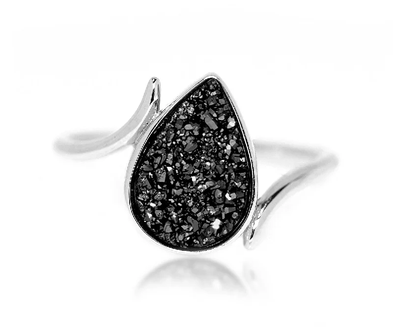 Women’s emerald wedding rings-Bypass Teardrop Black Druzy Ring