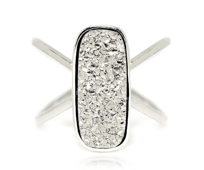 Women’s rose diamond rings-Criss Cross Rectangle Platinum Druzy Ring