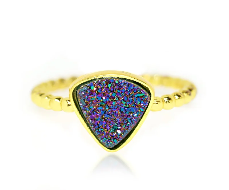 Women’s silver rings-Small Triangle Purple Rainbow Druzy Gold Ring