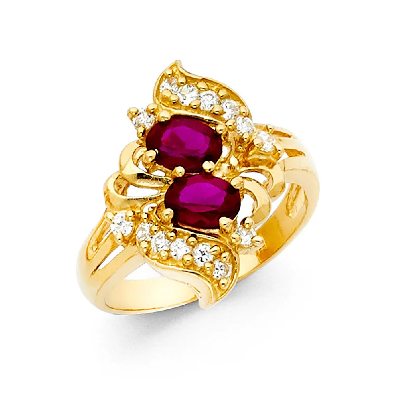 Women’s large statement rings-14K Solid Gold CZ Dual Red Stone Fancy Mothers Ring