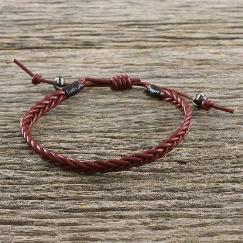 Women’s gemstone bangles-Rustic Simplicity Men's Cow Bone Bead Mahogany Braided Leather Wrap Bracelet