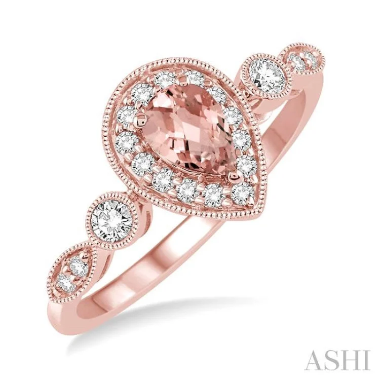 Women’s side-stone engagement rings-6X4MM Pear shape Morganite Center and 1/4 Ctw Round Cut Diamond Ring in 14K Rose Gold