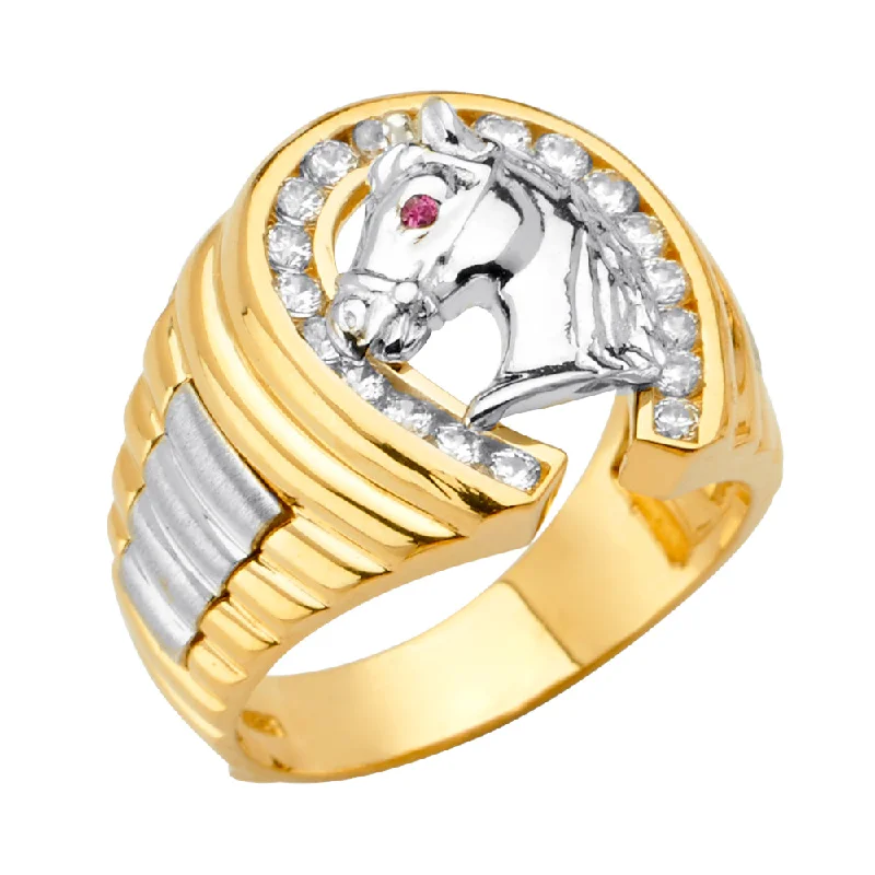 Women’s classic wedding rings-14K Solid Gold CZ Horse Shoe and Horse Head Ring