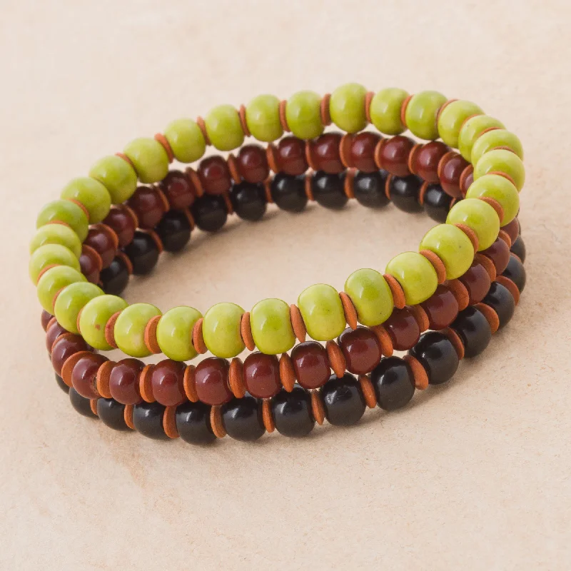 Women’s shiny bangles-Autumn Spirit Three Ceramic Bracelets in Chartreuse Russet and Black