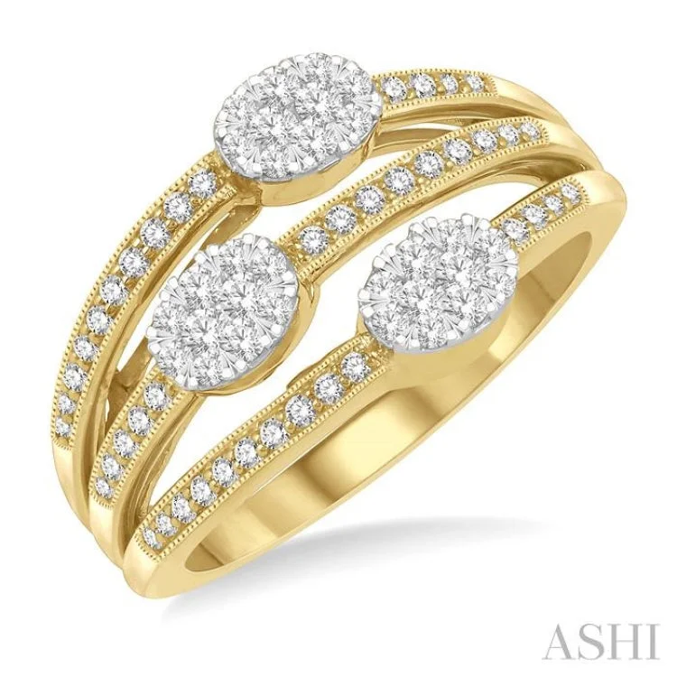 Women’s wedding and engagement rings-3/8 Ctw Triple Oval Mount Split Shank Lovebright Round Cut Diamond Ring in 14K Yellow and White Gold