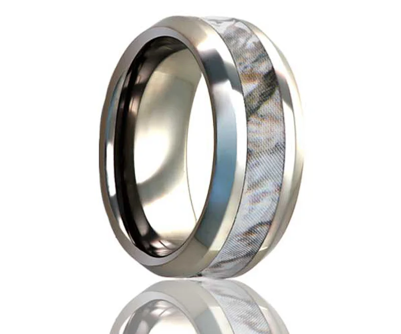 Women’s gold rings-Beveled Edge Snow Shadow Camo Titanium Ring