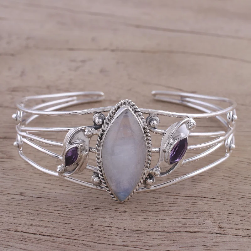 Women’s cuff bracelets-Feminine Glow Rainbow Moonstone and Amethyst Cuff Bracelet from India