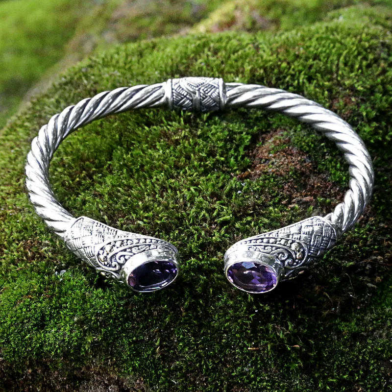 Women’s luxury silver bracelets-Sterling Rope Hand Crafted Amethyst Cuff Bracelet from Indonesia