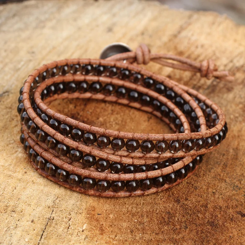 Women’s engraved bracelets-Joyful Life Smoky Quartz and Leather Wrap Bracelet Thai Jewelry